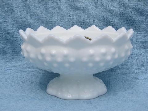 pair vintage Fenton hobnail milk glass candle bowls for flowers