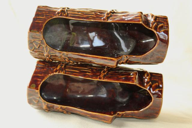 pair vintage McCoy pottery planters, faux bois majolica style log for succulents or tiny plants
