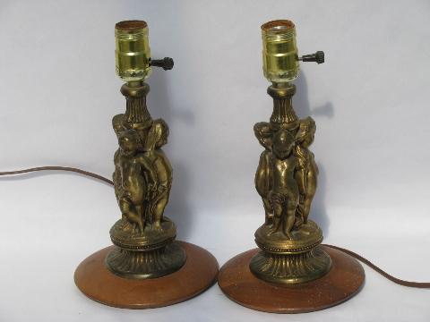 pair vintage boudoir lamps w/ faux french bronzes, art deco polished wood bases