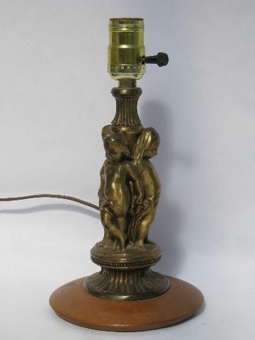 pair vintage boudoir lamps w/ faux french bronzes, art deco polished wood bases