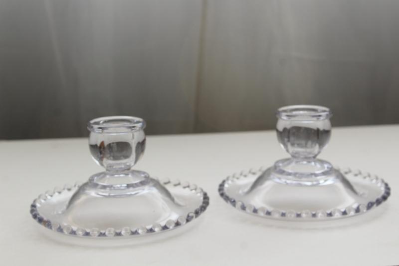 pair vintage candle holders, rolled edge Candlewick glass low candlesticks