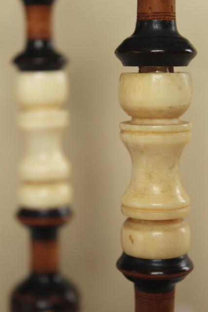 pair vintage carved turned wood and bone candlesticks, Indonesia or India