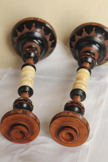 pair vintage carved turned wood and bone candlesticks, Indonesia or India