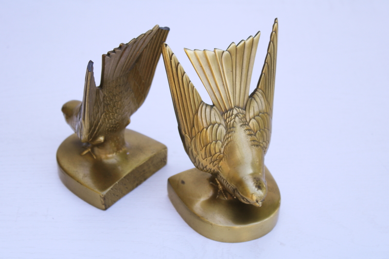 pair vintage cast metal birds, heavy bookends w/ antique gold bronze