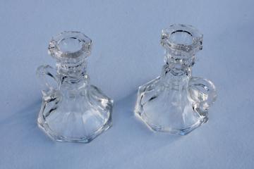 pair vintage crystal clear glass candlesticks, finger ring chamber candle holders