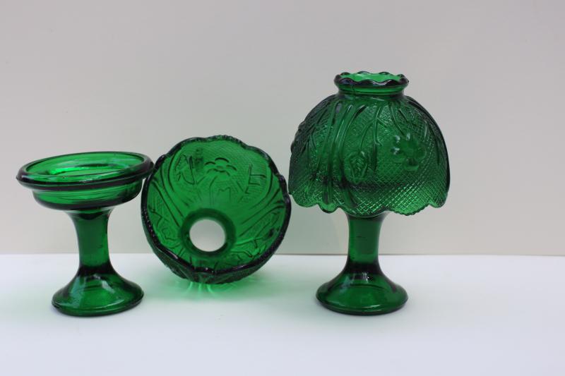 pair vintage emerald green glass candle lamps, pressed glass shade candlesticks