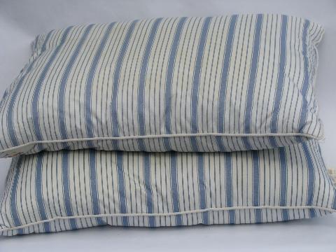pair vintage feather pillows, blue striped cotton covers