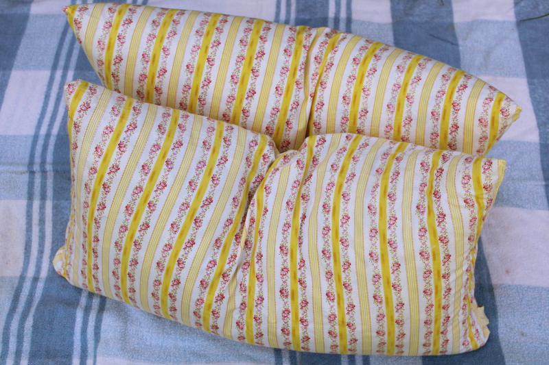 pair vintage feather pillows, cottage chic floral striped cotton ticking fabric