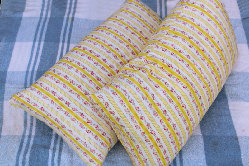 pair vintage feather pillows, cottage chic floral striped cotton ticking fabric