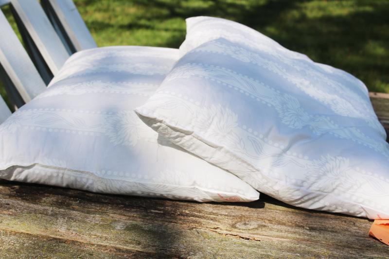 pair vintage feather pillows in Harris cotton ticking fabric, all white farmhouse style