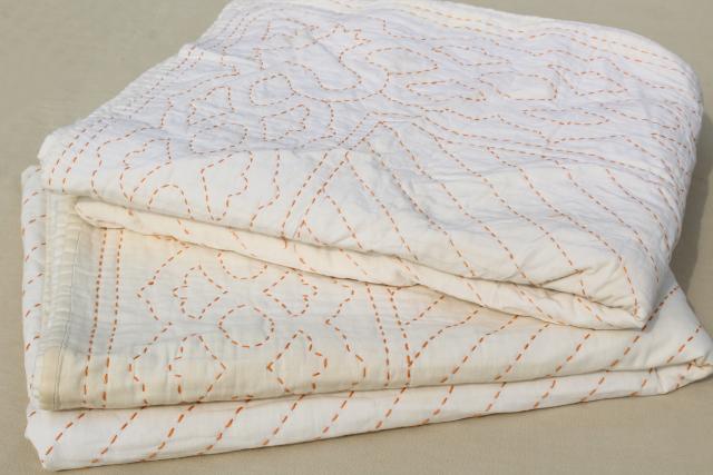 pair vintage flour sack feedsack quilts w/ running stitch embroidery quilting