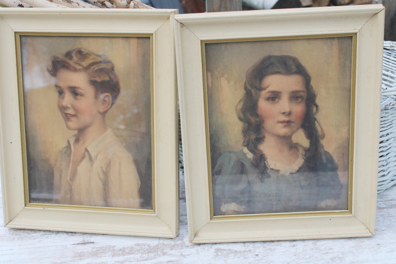pair vintage framed prints early 1900s children boy  girl portraits, romantic creepy decor