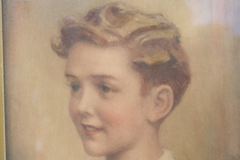pair vintage framed prints early 1900s children boy  girl portraits, romantic creepy decor
