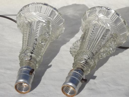 pair vintage glass boudoir lamps, art deco pattern glass vanity lamp set