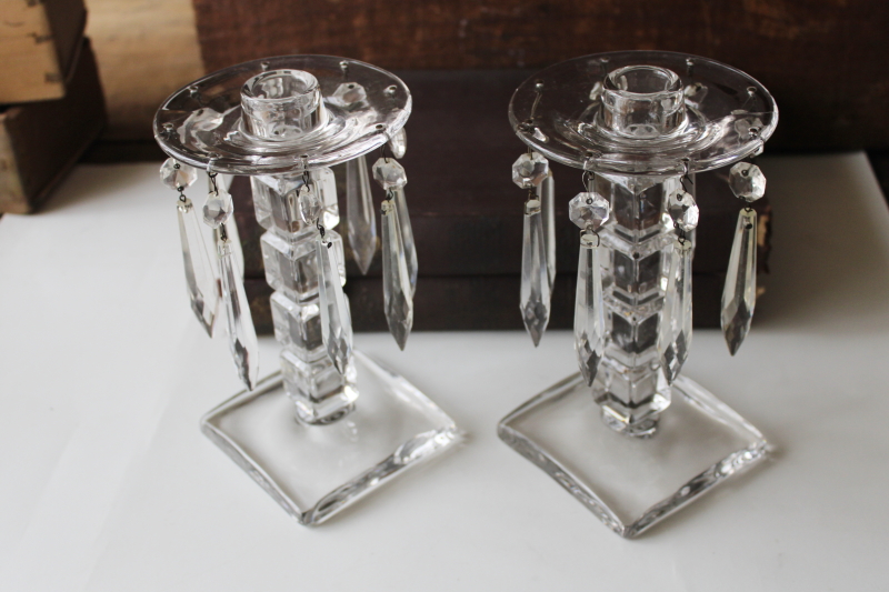 pair vintage glass candlesticks w/ glass prism lusters, deco style candle holders