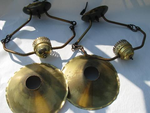 pair vintage hanging brass farmhouse kitchen lamps, tole metal shades