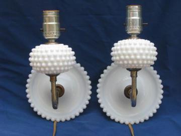 pair vintage hobnail milk glass sconces, wall mount reading lamps