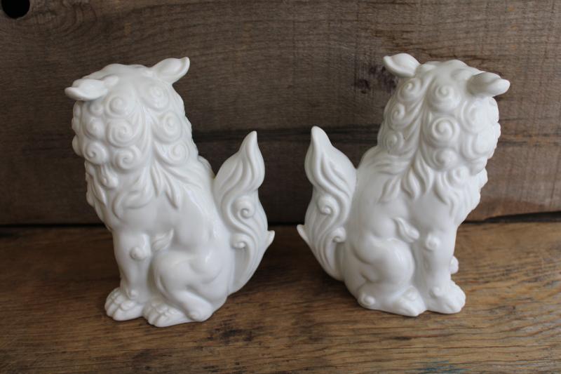 pair vintage lion foo dogs, blanc de chine glazed white porcelain figures, china figu