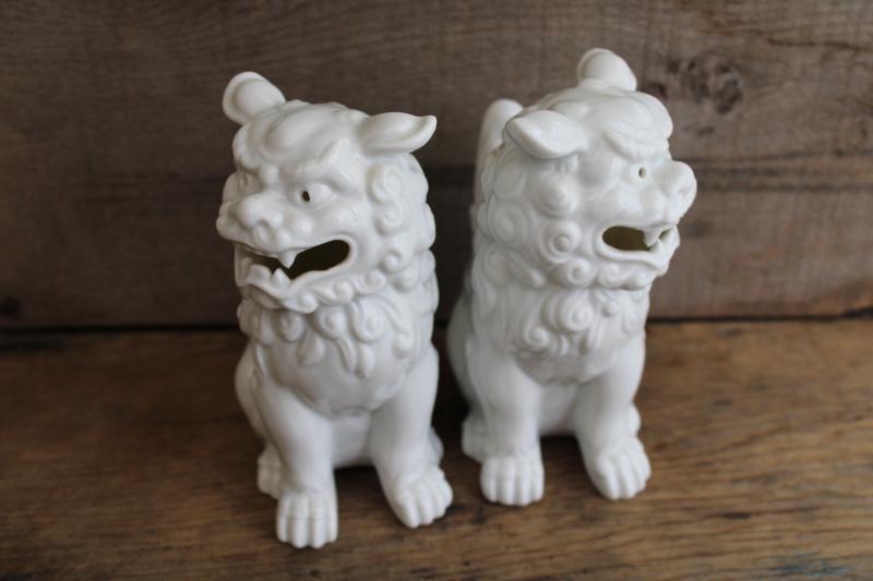 pair vintage lion foo dogs, blanc de chine glazed white porcelain figures, china figu