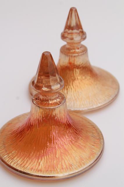 pair vintage marigold luster carnival glass jars, tree bark texture candy dish wedding boxes