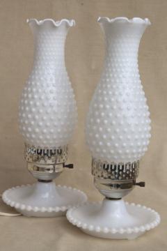 pair vintage milk glass lamps w/ beaded edge lamp bases, hobnail glass chimney shades