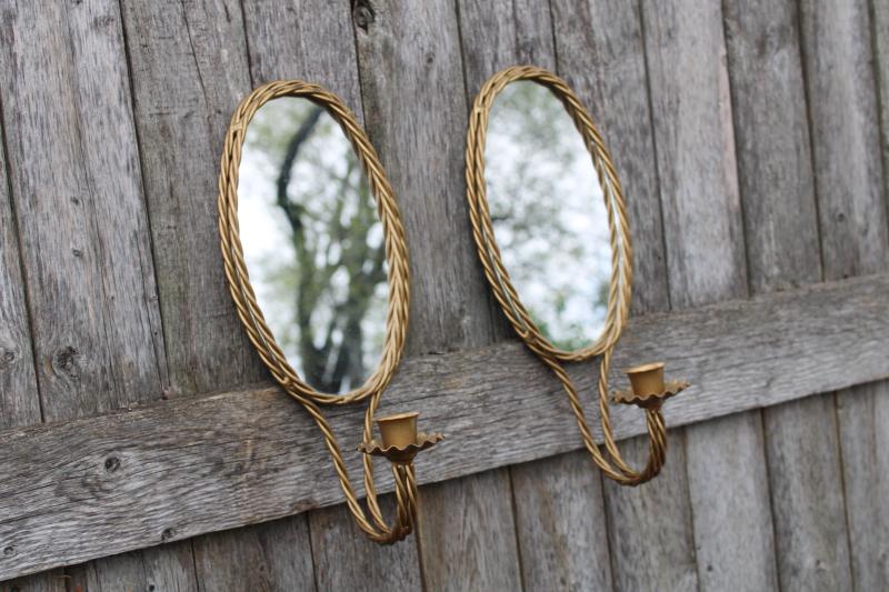 pair vintage mirrors w/ metal candle sconces, hollywood regency gold twist frames