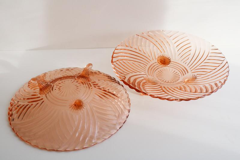 pair vintage pink depression glass three-toed bowls, deco style Anchor Hocking