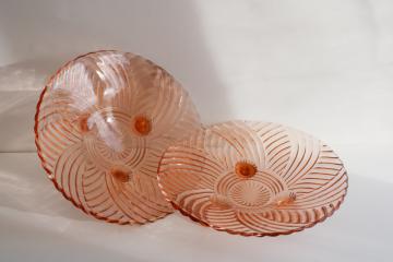 pair vintage pink depression glass three-toed bowls, deco style Anchor Hocking