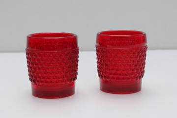 pair vintage red glass votive candle holders, hobnail pattern glass