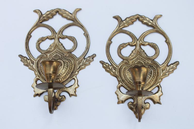 pair vintage solid brass candle sconces, southwest western concho style hearts