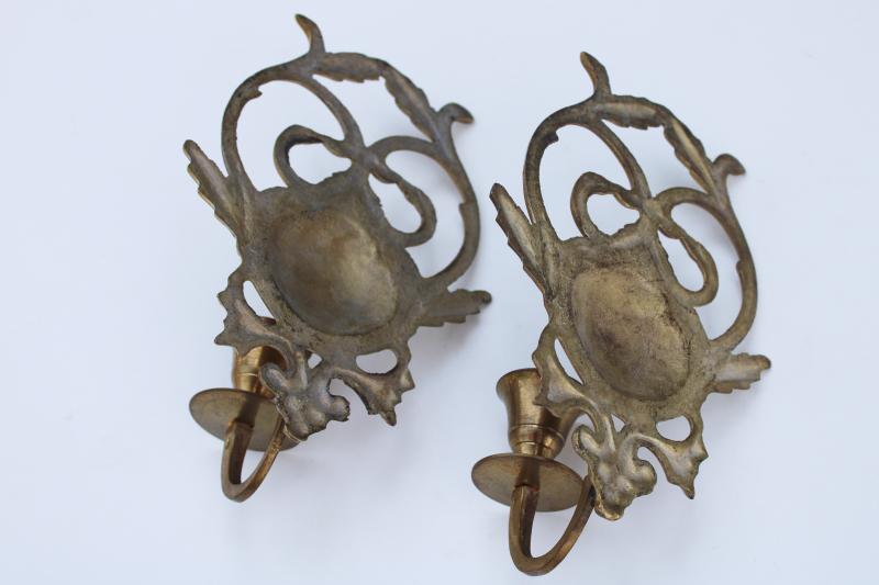 pair vintage solid brass candle sconces, southwest western concho style hearts
