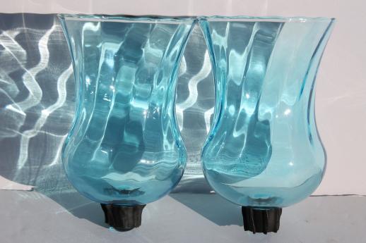pale blue candle glasses, hand-blown glass hurricane shades for votive holders / sconces