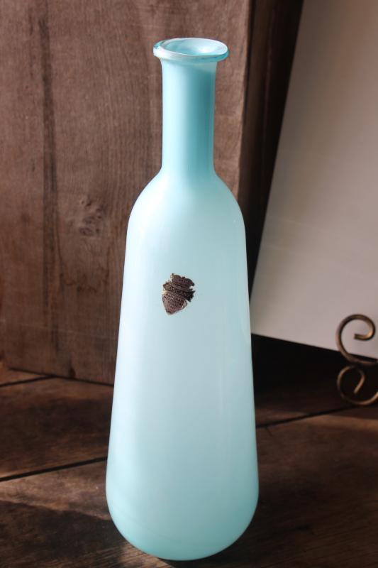 pale blue cased glass floor vase, tall bottle shape 1960s vintage Italian art glass