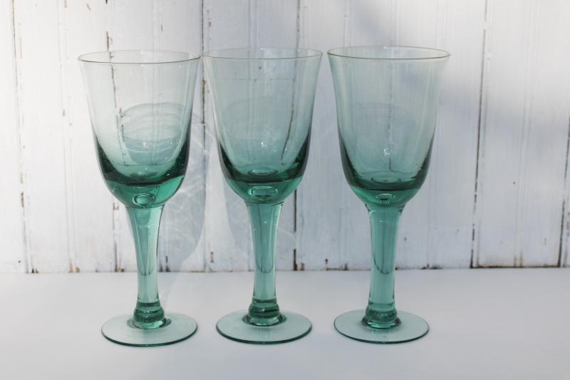 pale green recycled glass water goblets or wine glasses, hand blown glass