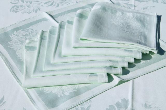 pale mint green spring table linens, vintage damask tablecloth & napkins set