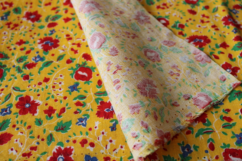 partial sack vintage print cotton feedsack fabric, folk art bright flowers on yellow