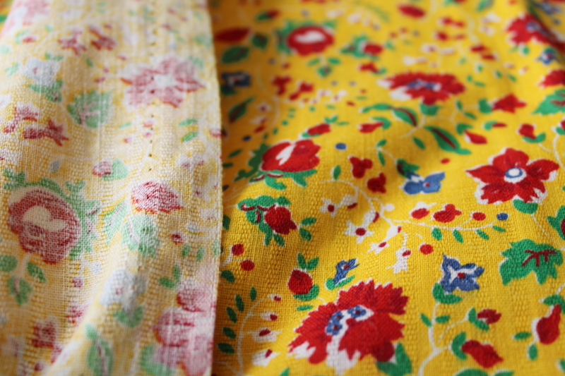 partial sack vintage print cotton feedsack fabric, folk art bright flowers on yellow