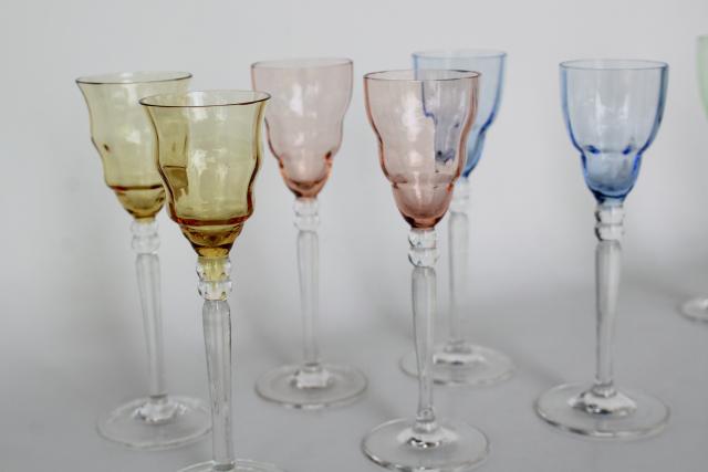 pastel colored glass liqueur glasses, delicate little wine goblets hand blown glass Italy