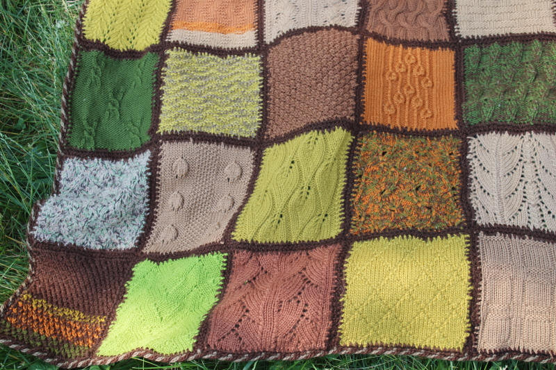 patchwork fall colors vintage hand knit afghan blanket, sampler knitting stitches textured blocks