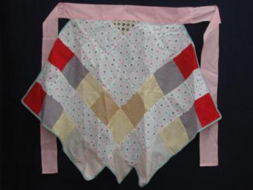 patchwork quilt blocks hostess apron, vintage cotton print fabric