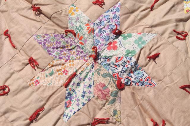 patchwork stars vintage tied quilt comforter w/ red & turquoise flowered print backing fabric