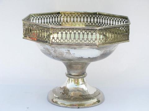 pedestal stand fruit bowl w/ ornate pierced rim, antique sheffield silver plate over brass