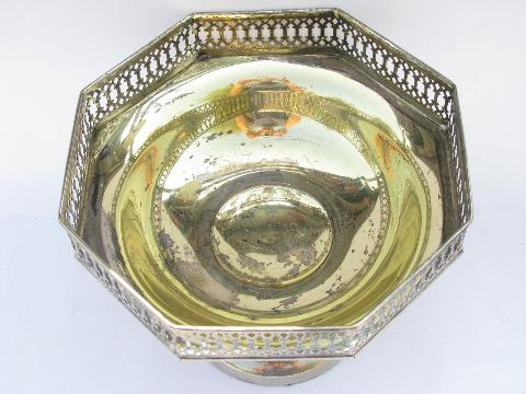 pedestal stand fruit bowl w/ ornate pierced rim, antique sheffield silver plate over brass