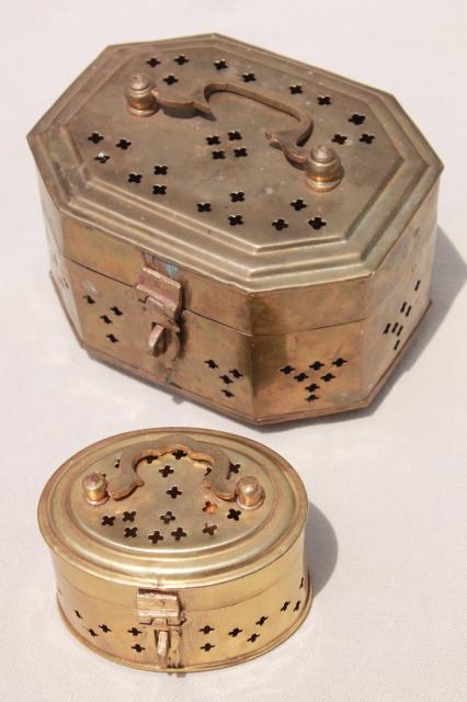 pierced brass cricket boxes, vintage China or India brass boxes, tiny treasure chests