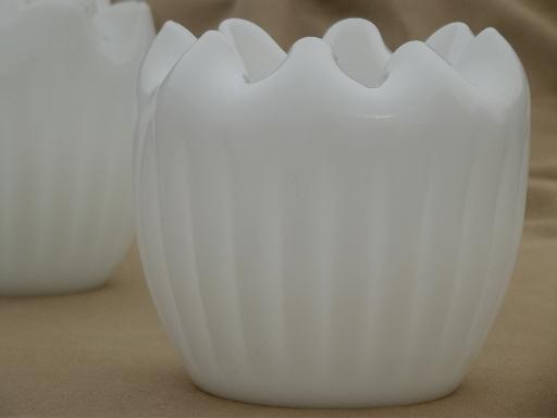 pinch shape blown glass bowls, vintage milk glass grouping for flowers