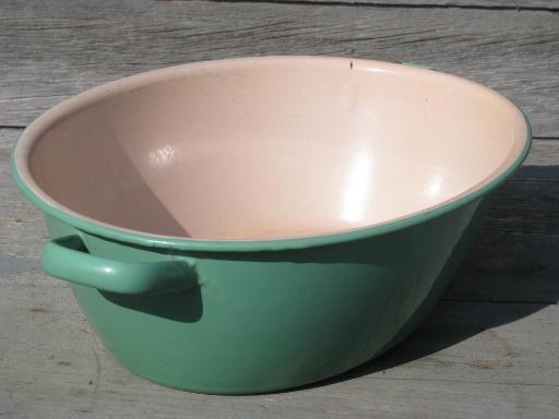 pink and green vintage enamelware, big old primitive wash tub, oval dish pan