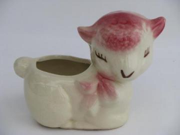pink and white sleeping lamb planter for baby or Easter, vintage USA pottery