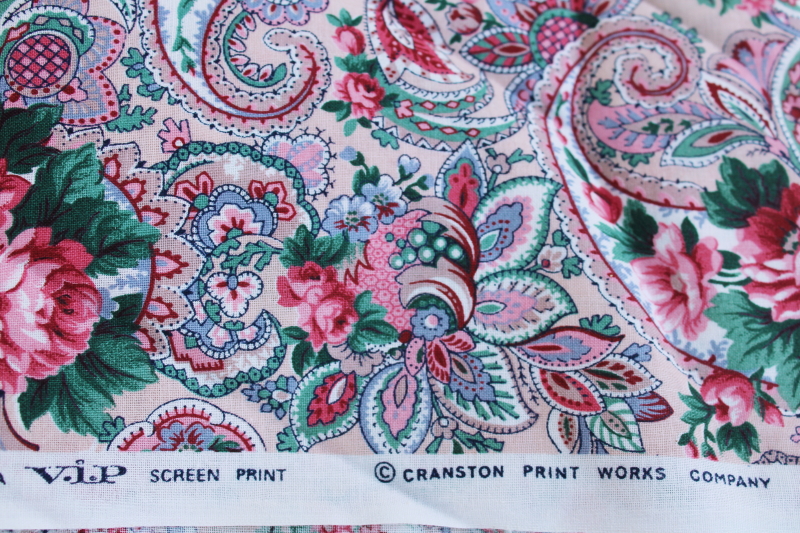 pink cabbage roses floral paisley print, vintage VIP Cranston cotton fabric 5 yards