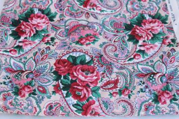 pink cabbage roses floral paisley print, vintage VIP Cranston cotton fabric 5 yards