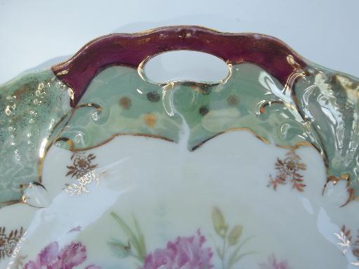 pink carnations gold and luster antique china plate w/ handles, Germany?